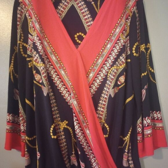 M Collection faux wrap rope print bell sleeve top with elastic waist - Picture 4 of 12